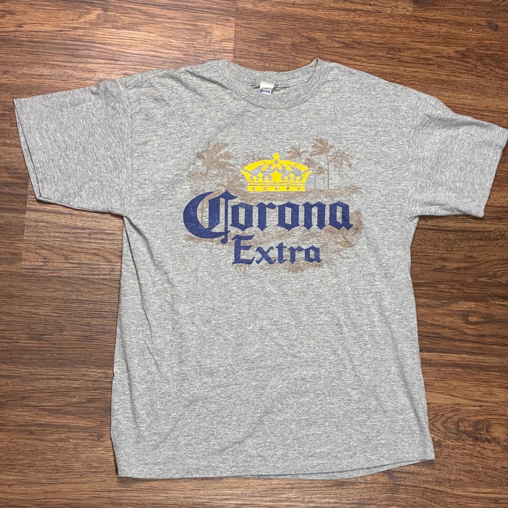 Corona Extra Beer Graphic T-Shirt Mens L Gray Tropical Palm Trees Logo Tee